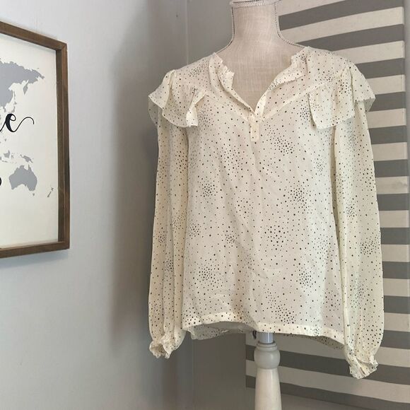 Maje Ivory & Black Star Print Lacky Ruffle Cupro Lightweight Blouse Size 3/L NEW - Picture 1 of 12